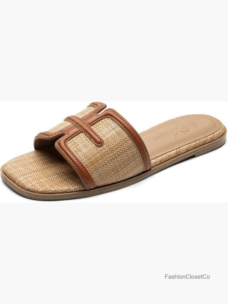Flat Slide Sandals With Raffia Comfortable Slip On Square Open Toe